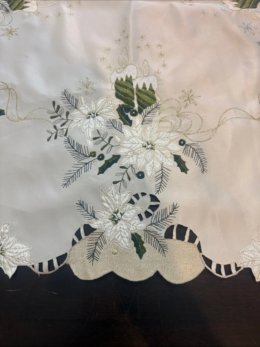 Embroidered Ivory and Green Christmas Candle Tablecloth